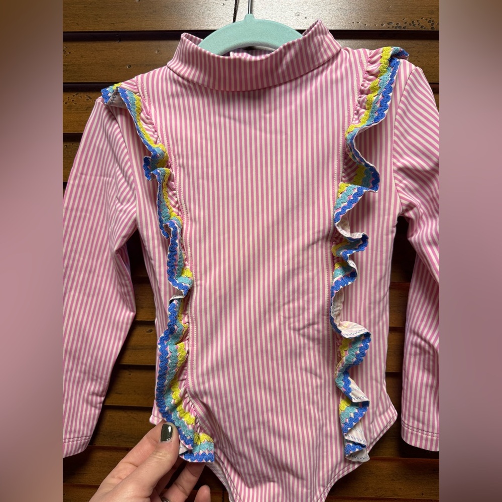 mini Boden ruffle stripe swimsuit size 3-4y